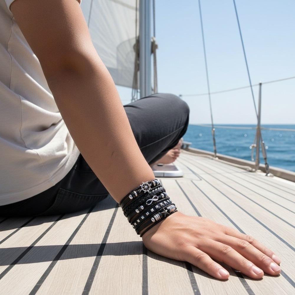 Black Faux Leather Bracelet Nautical Infinity Star Studded Unisex New